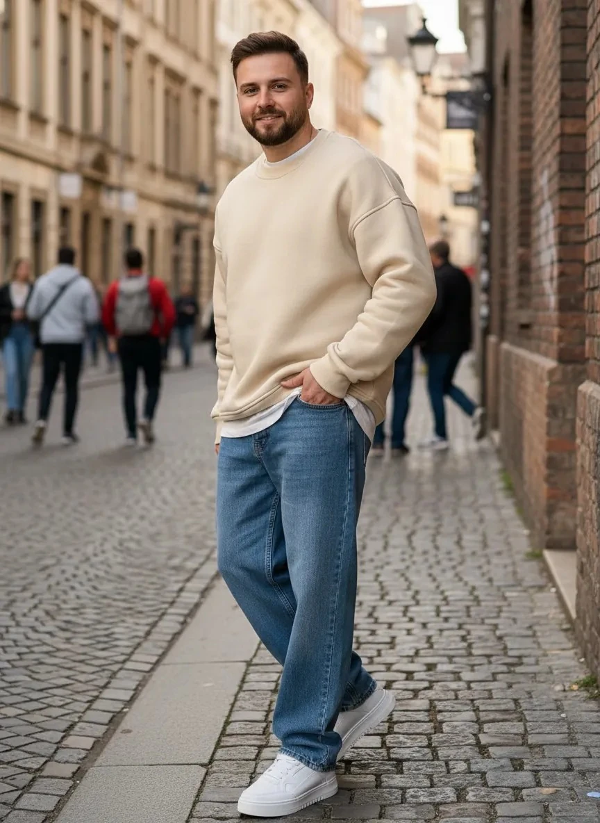 Basic Bej Oversize Kalın Sweatshirt - 3 İplik Şardonlu