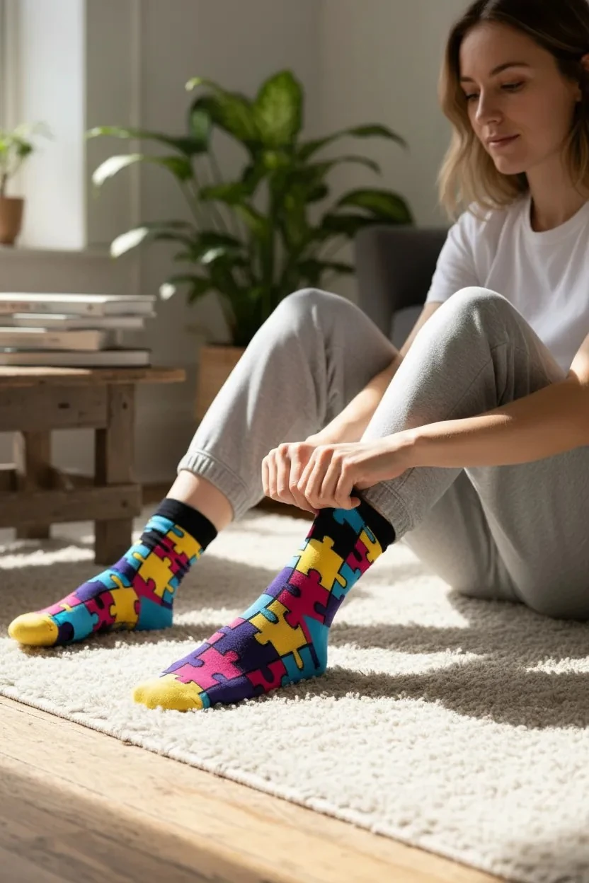 Renkli Puzzle Desenli Renkli Çorap (36-44 Numaraya Uygun)