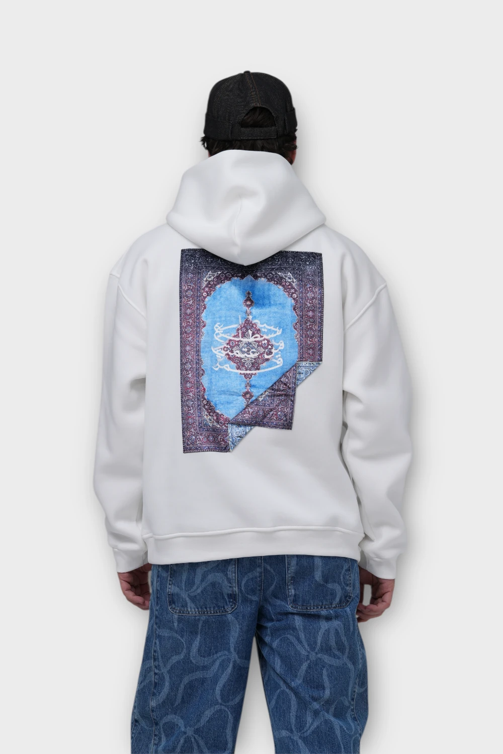 Halı Motifli Oversize Hoodie - Beyaz