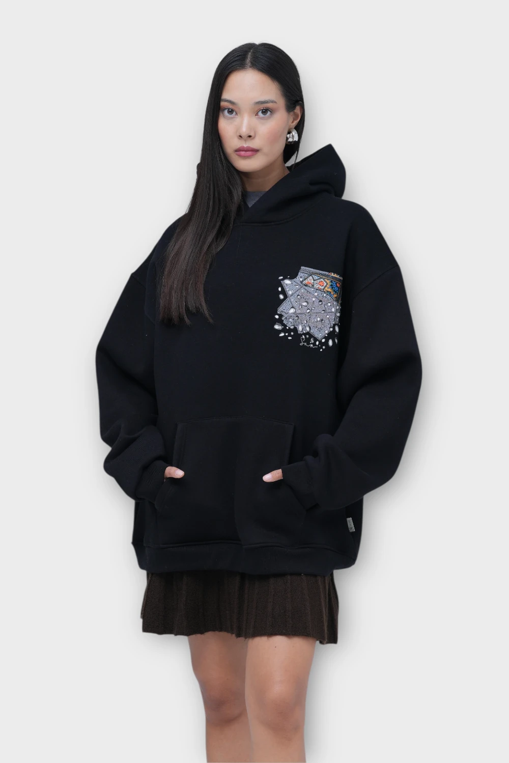 Mozaik Oversize Hoodie - Şardonlu %100 Pamuk - Siyah