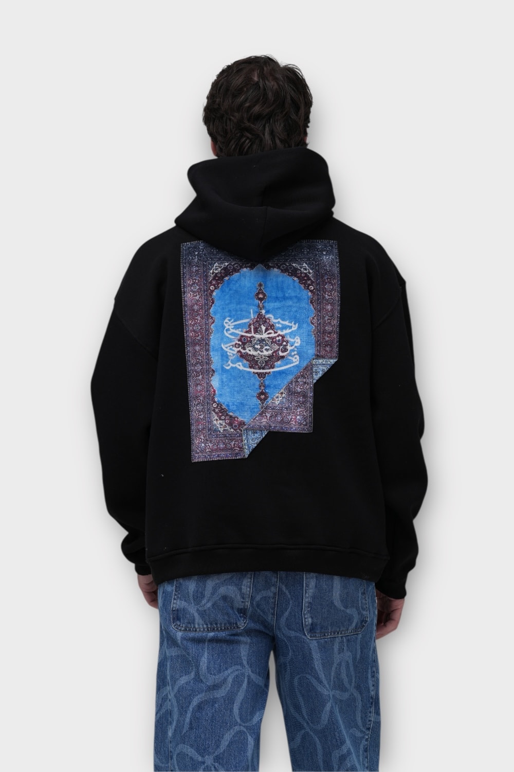 Halı Motifli Oversize Hoodie - Siyah