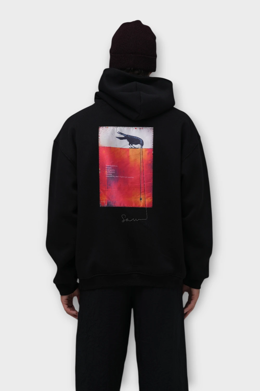 Transformation Karga Baskılı Oversize Hoodie - %100 Pamuk Şardonlu (İçi Polarlı) - Siyah