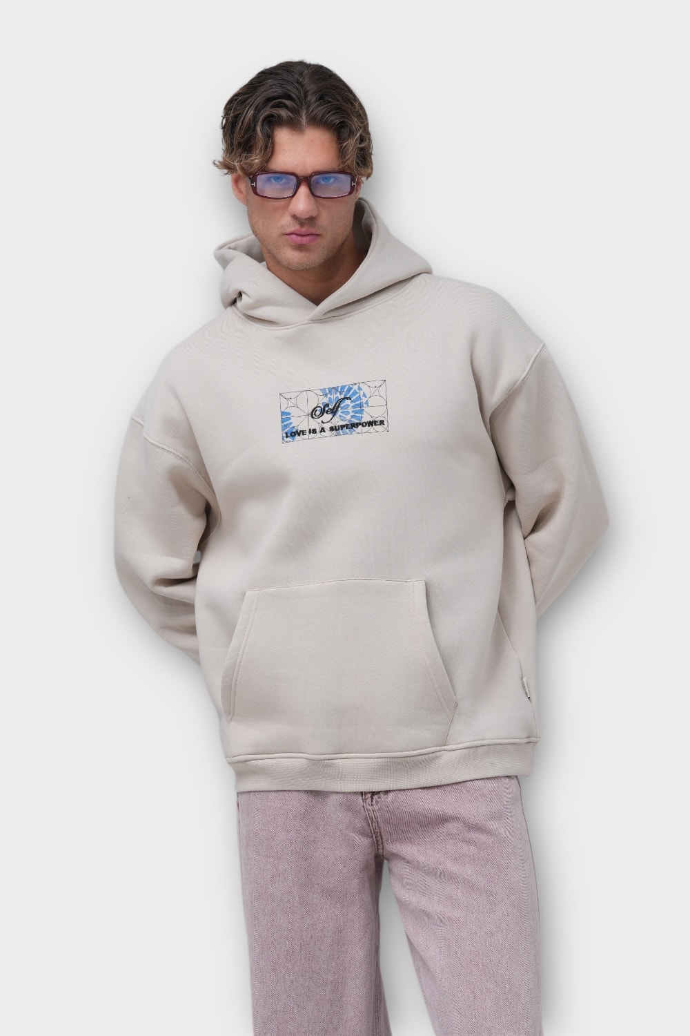 Self "Love is a Superpower" Oversize Hoodie - Taş