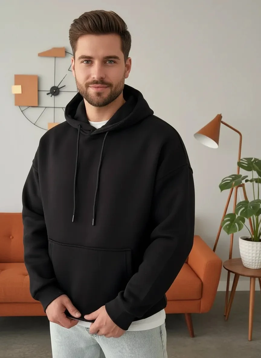 Basic Siyah Oversize Kalın Kapüşonlu Sweatshirt - 3 İplik Şardonlu