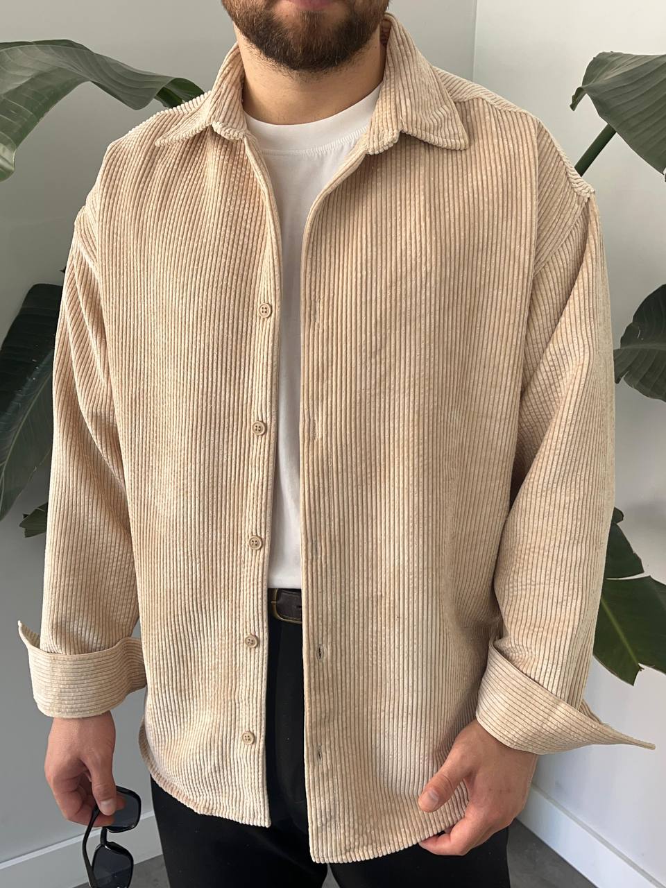 Açık Kahve Oversize Kadife Gömlek