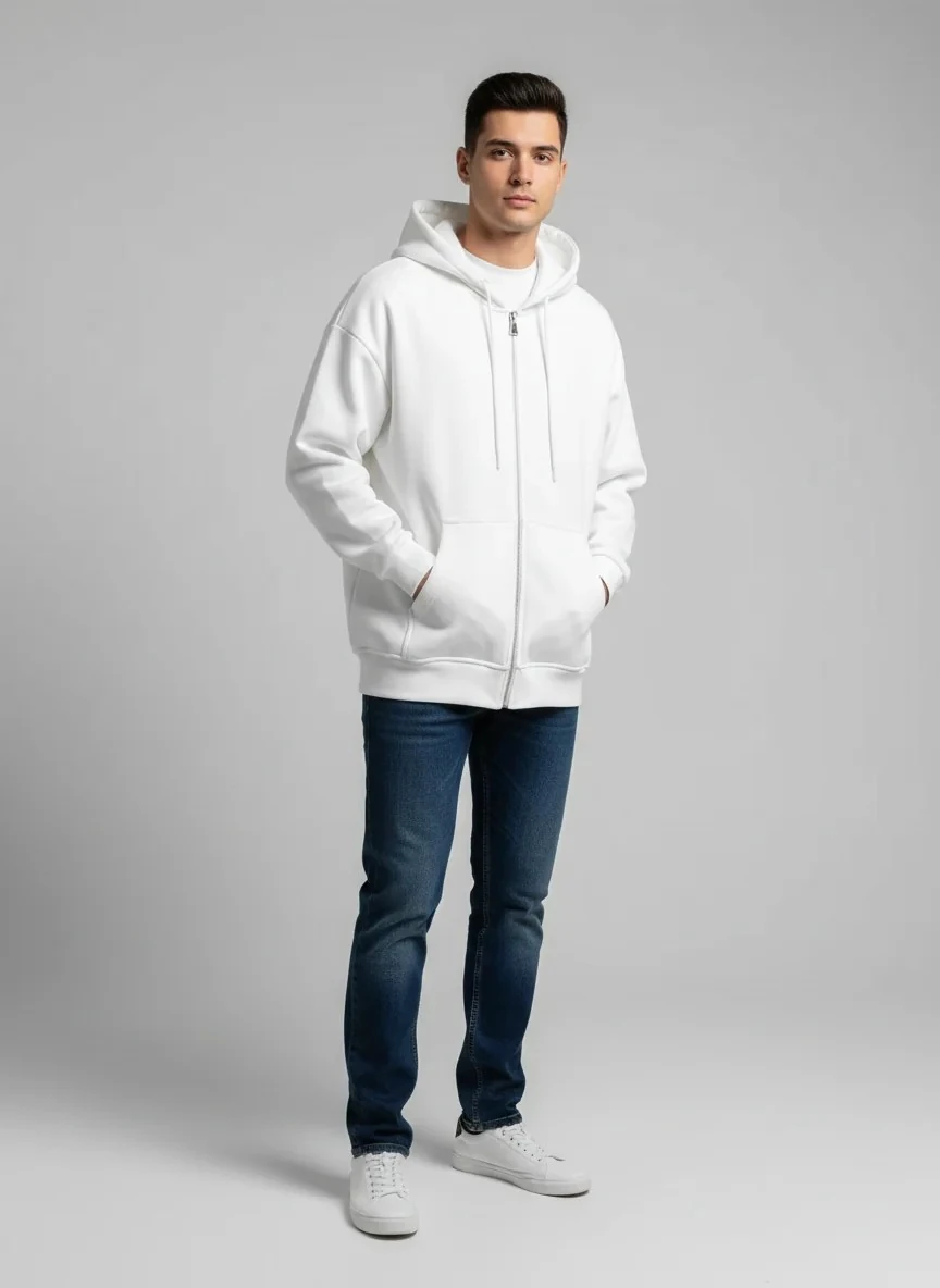 Basic Beyaz Oversize Kalın Kapüşonlu Fermuarlı Sweatshirt - 3 İplik Şardonlu