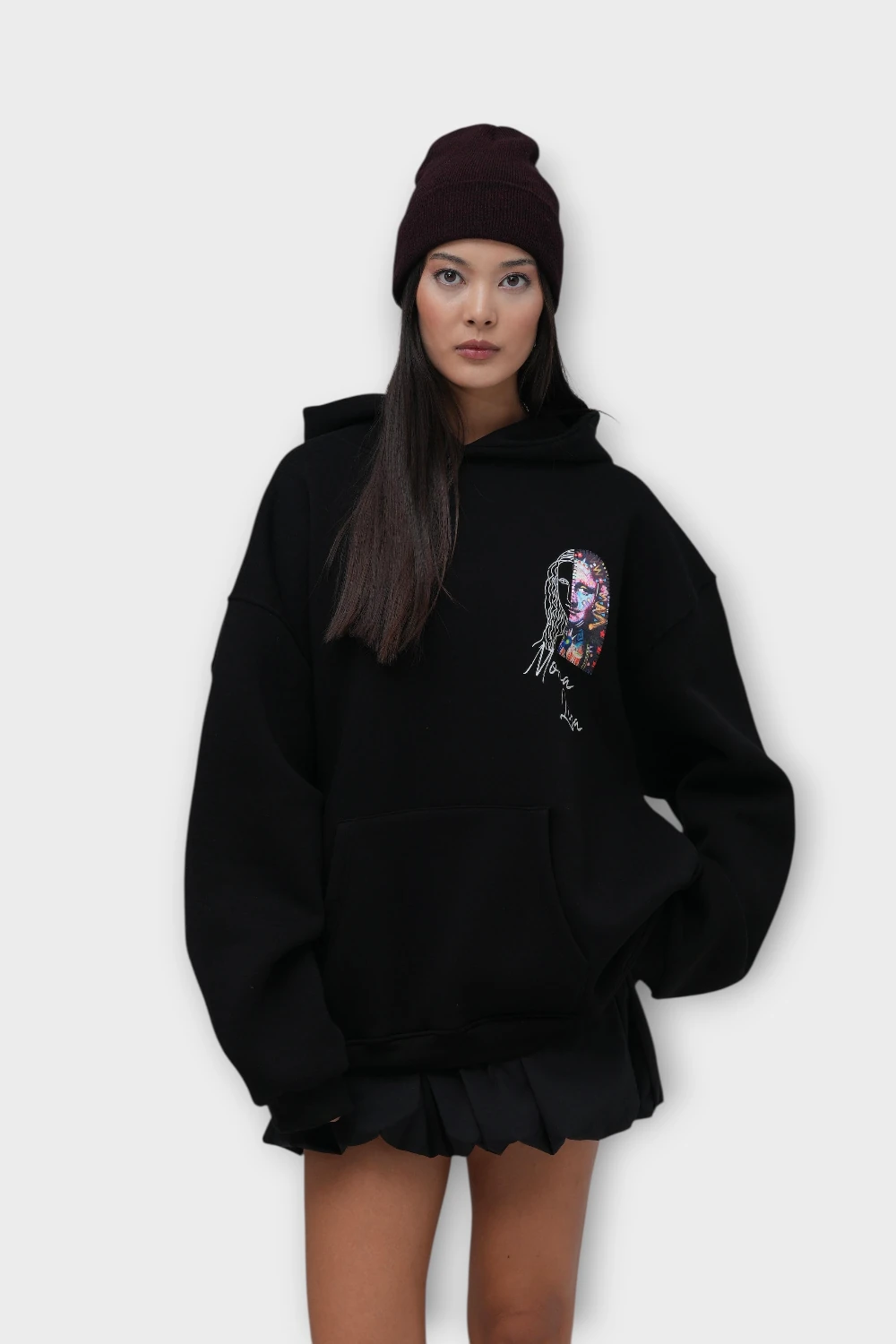Mona Lisa Oversize Hoodie  - Şardonlu %100 Pamuk - Siyah
