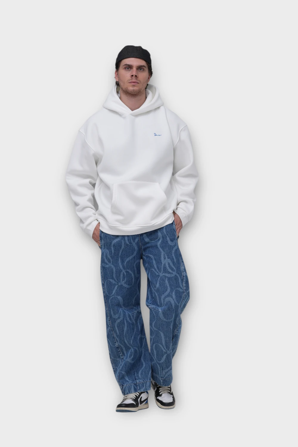 Halı Motifli Oversize Hoodie - Beyaz