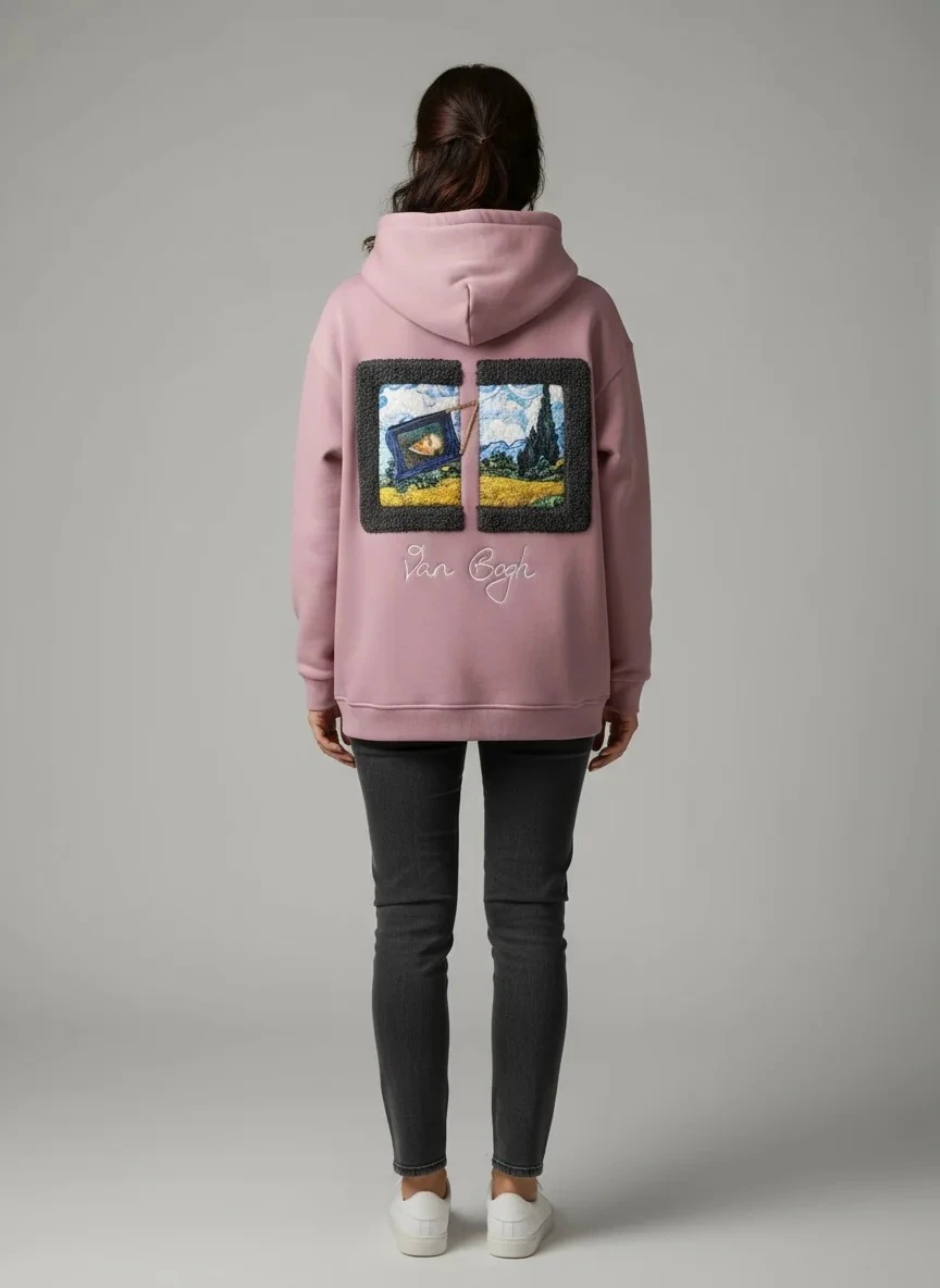 Van Gogh Peluş Tablo Desenli Oversize Hoodie  - Şardonlu %100 Pamuk - Pembe