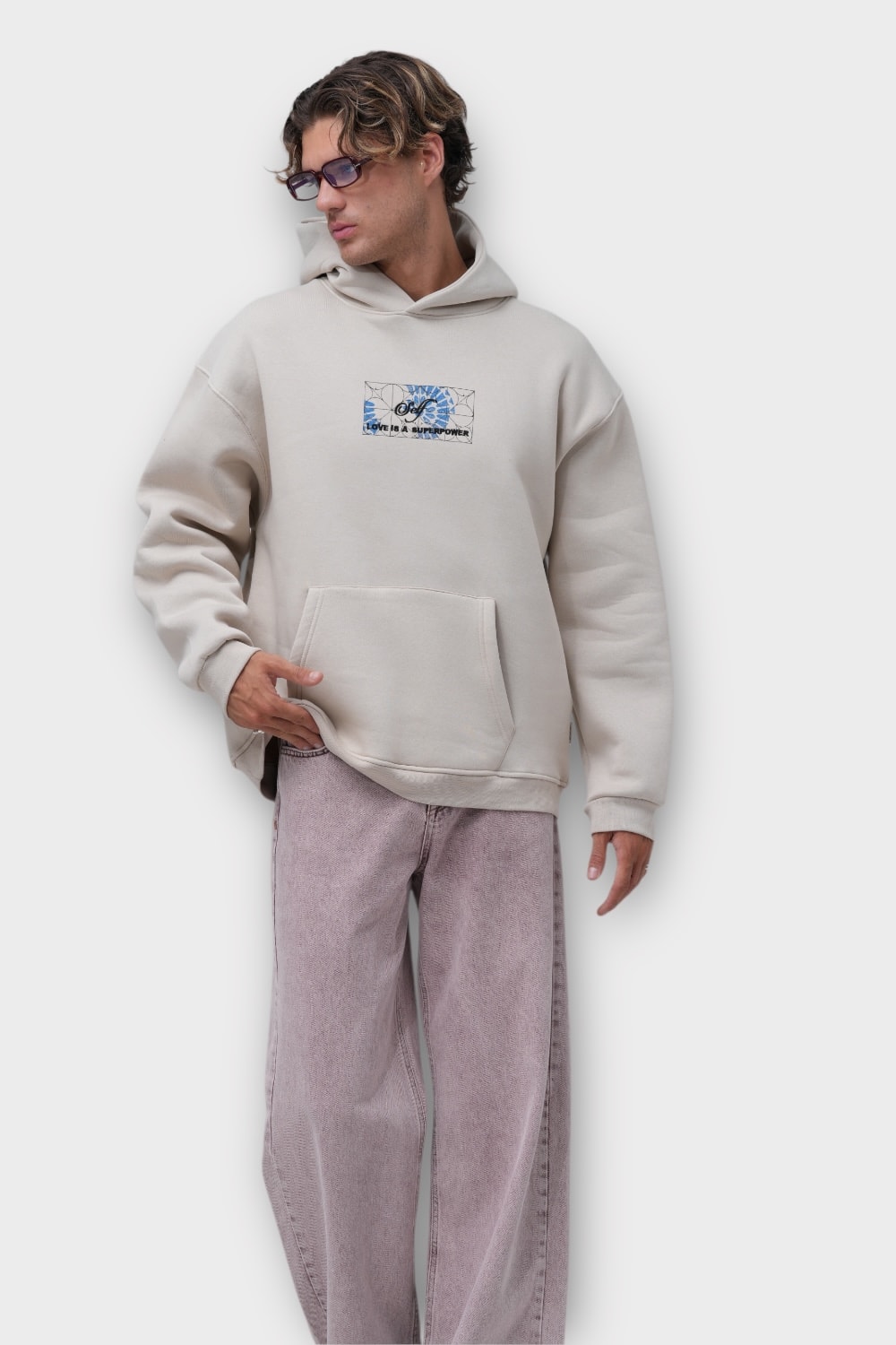 Self "Love is a Superpower" Oversize Hoodie - Taş