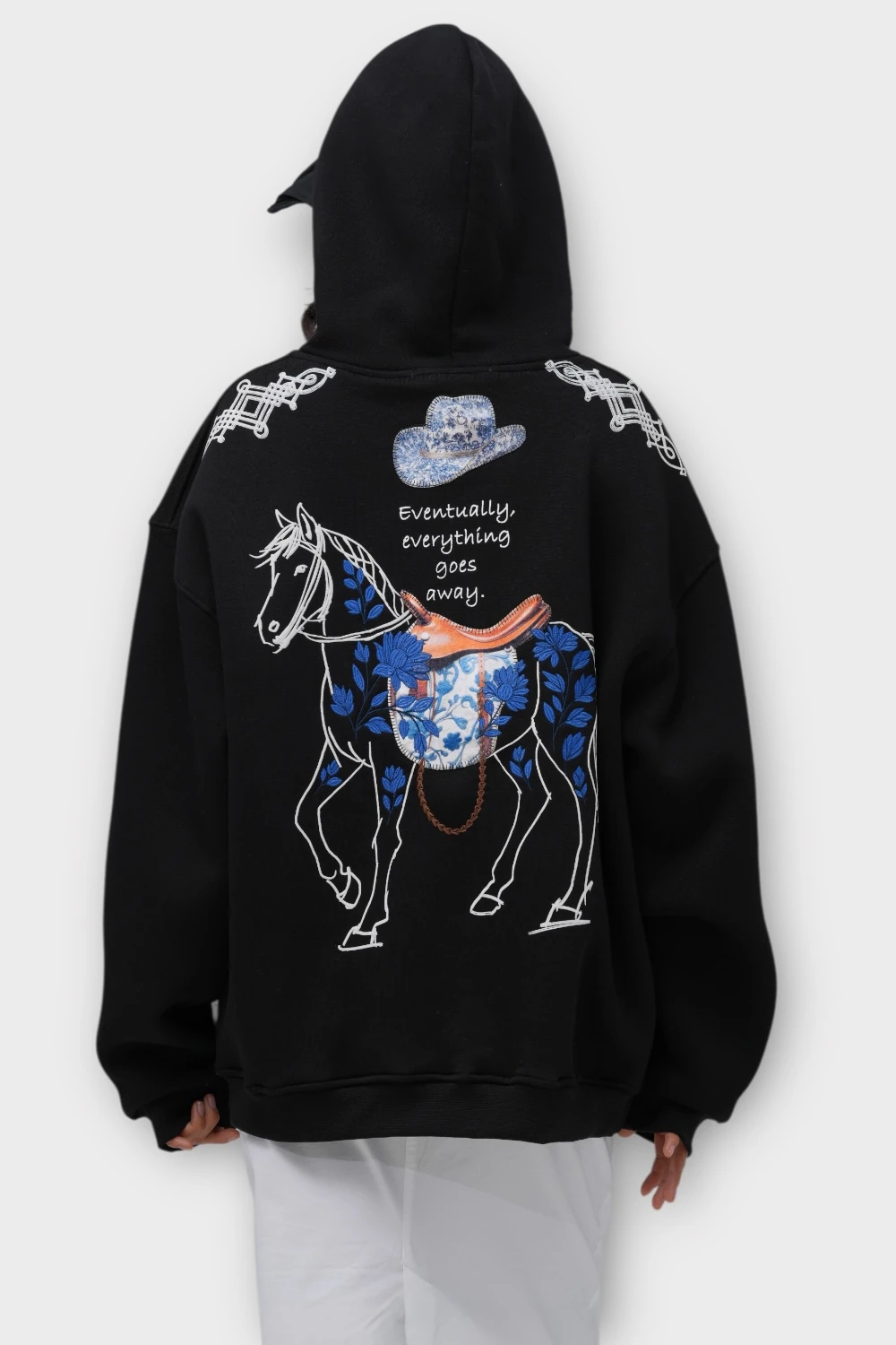 Everyting Goes Away Oversize Hoodie - Şardonlu %100 Pamuk - Siyah