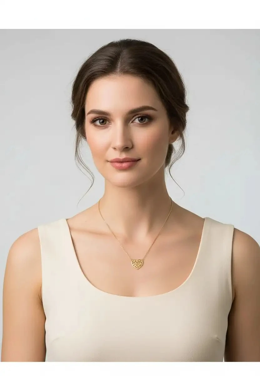 Altın Kaplama Geometrik Kalp Desenli 316L Paslanmaz Çelik Kolye - BJS 32