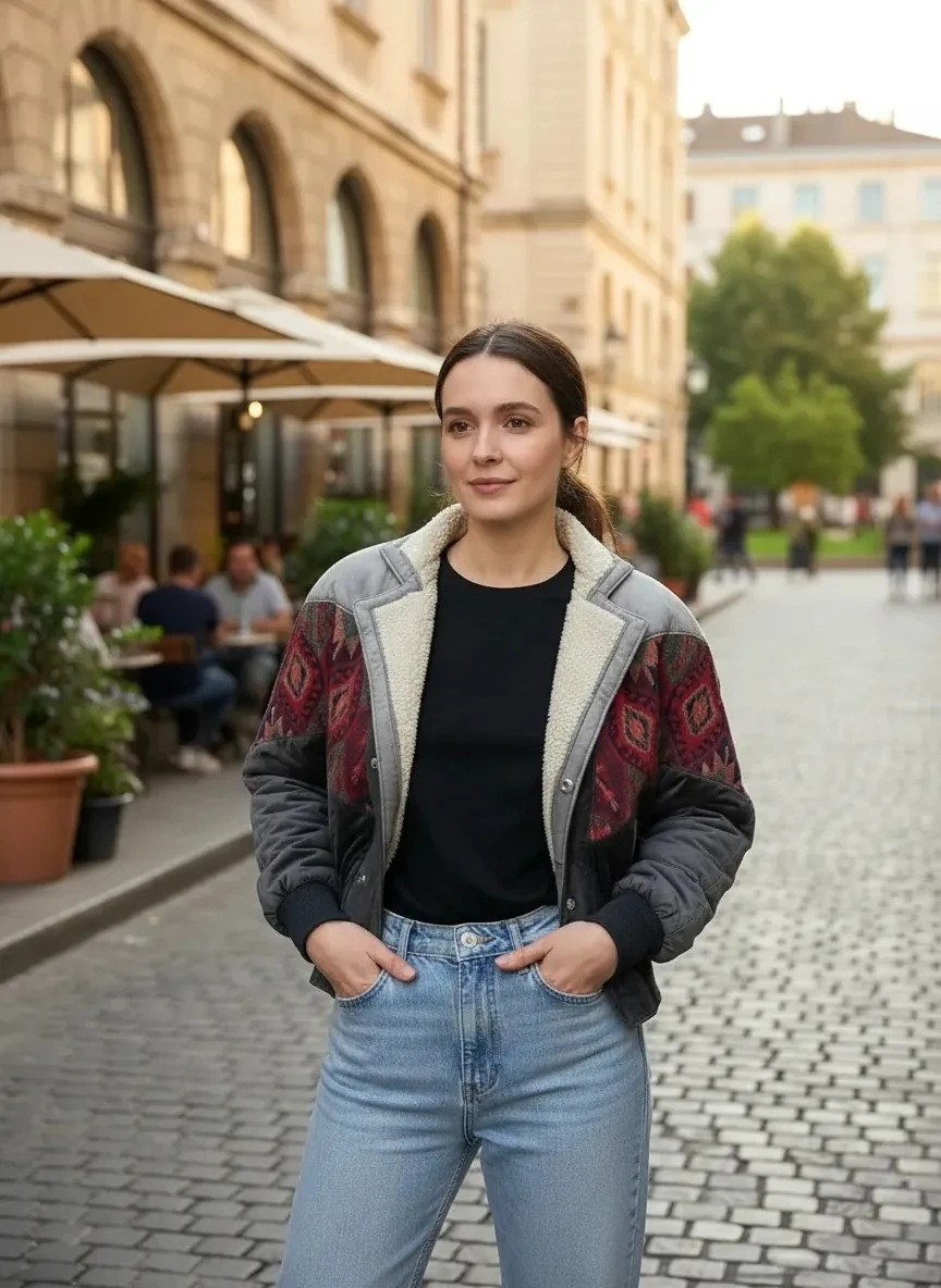 (7632) Small / Medium Beden Uyumlu Oversize Vintage Desen Ceket