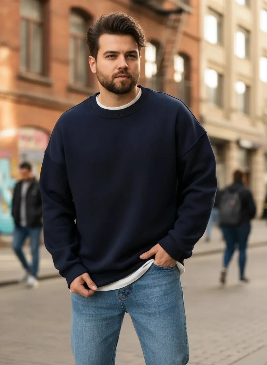 Basic Lacivert Oversize Kalın Sweatshirt - 3 İplik Şardonlu