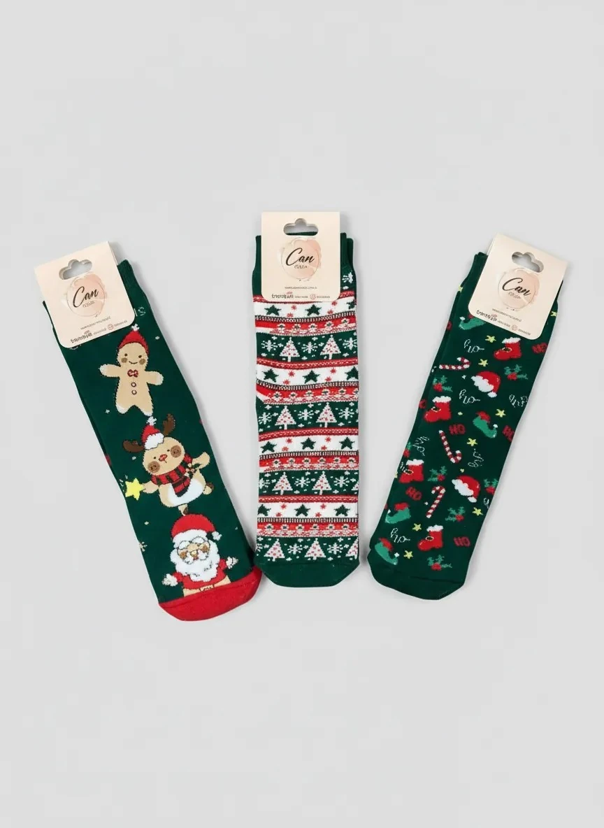 3'lü Yılbaşı Seti Yeşil Havlu Çorap - Kurabiye Adam (36-46 Numaraya Uygun)