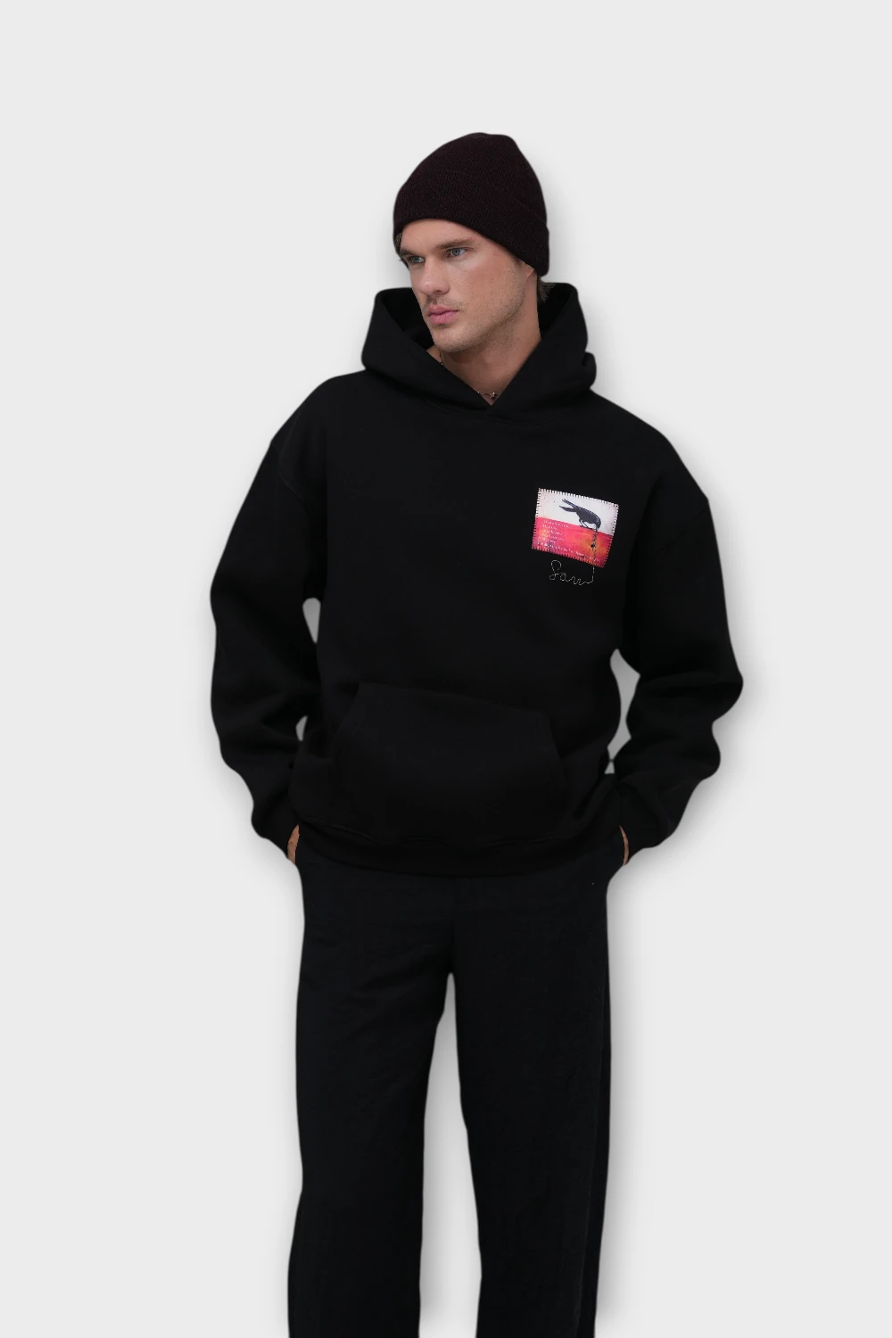 Transformation Karga Baskılı Oversize Hoodie - %100 Pamuk Şardonlu (İçi Polarlı) - Siyah