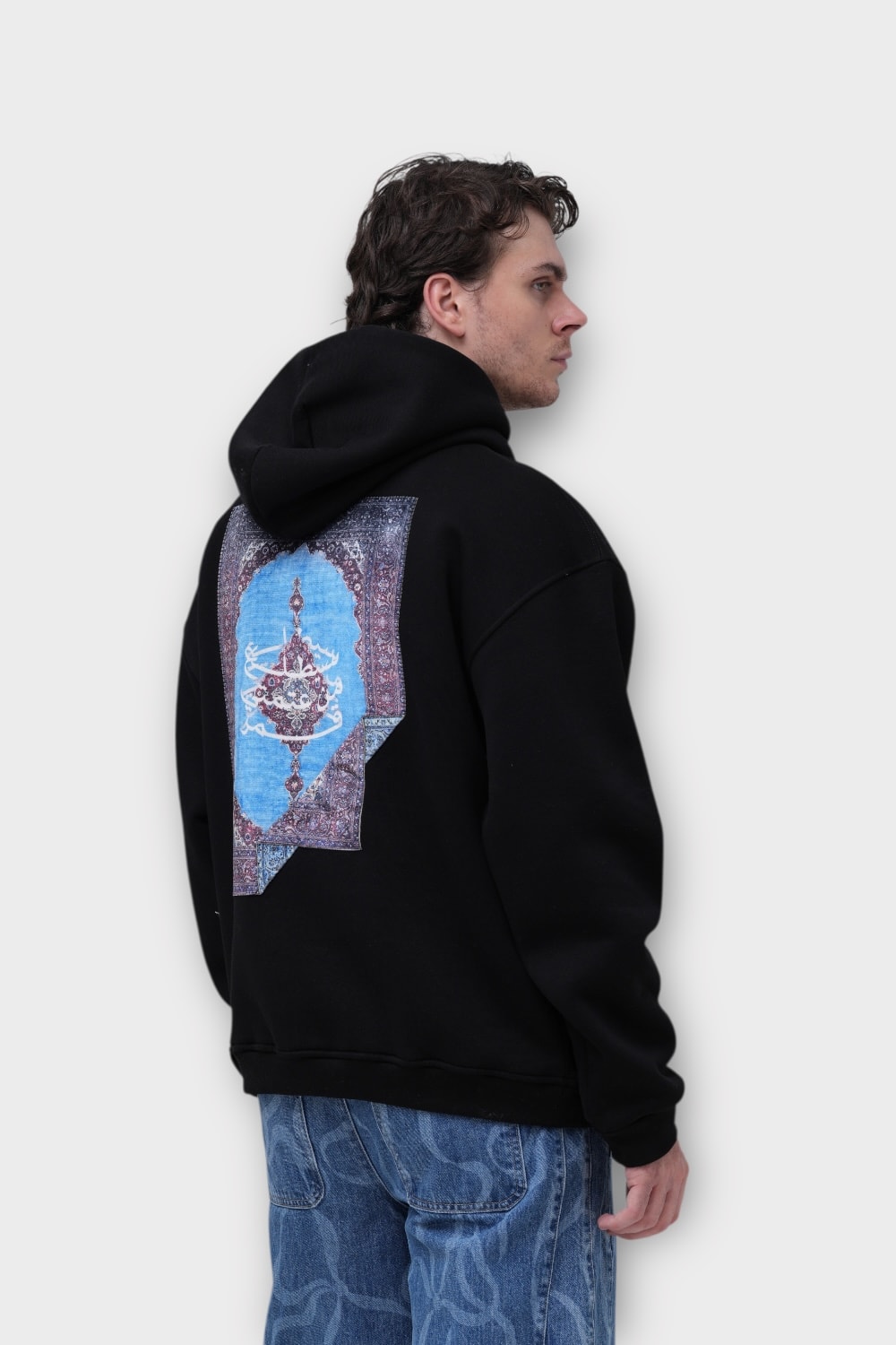 Halı Motifli Oversize Hoodie - Siyah
