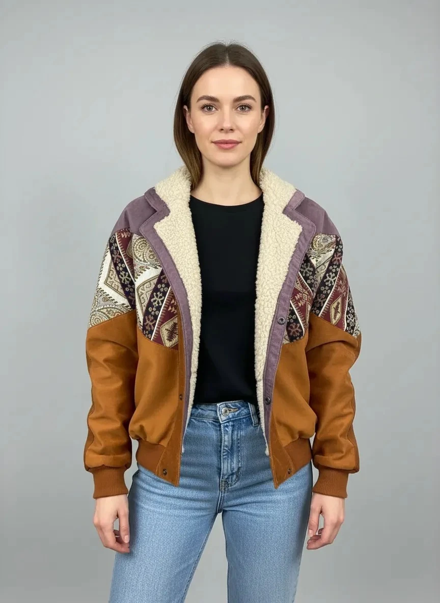 (7637) Small / Medium Beden Uyumlu Oversize Vintage Desen Ceket