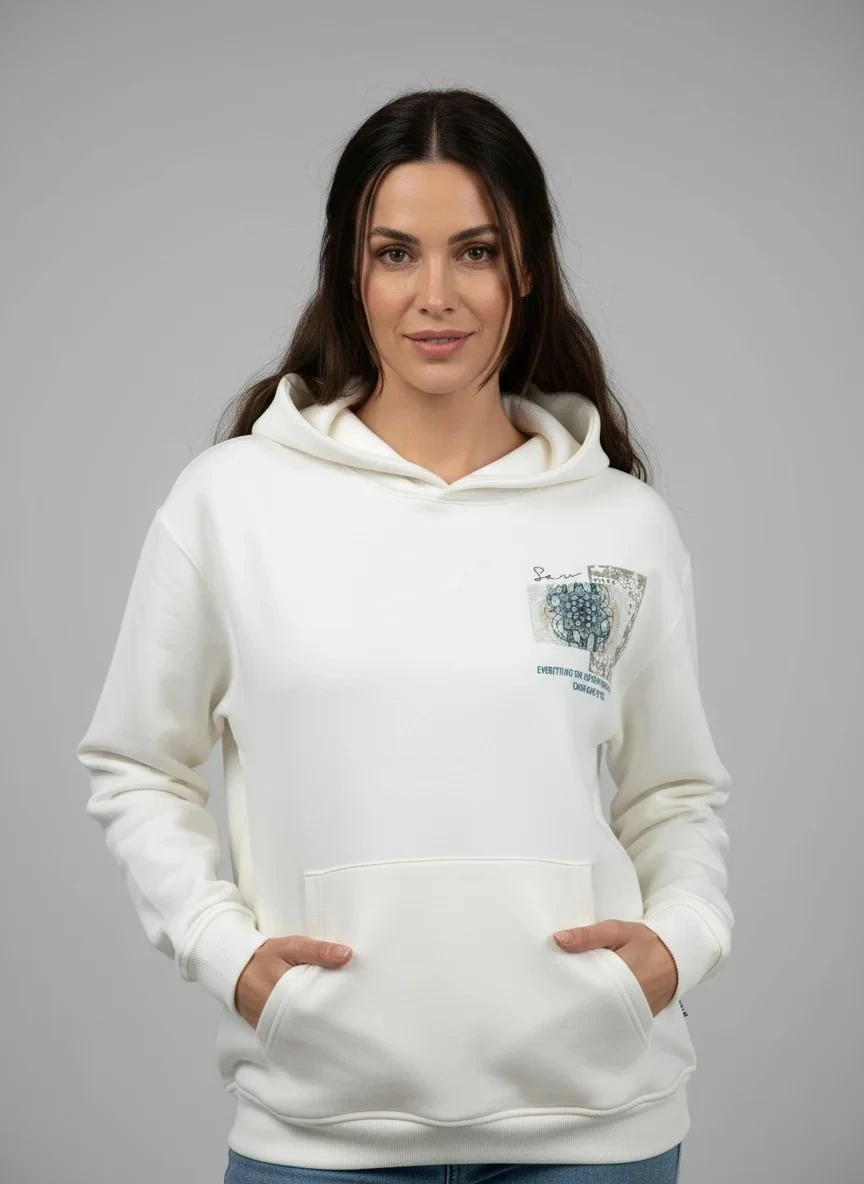 Everything You Do Oversize Hoodie  - Şardonlu %100 Pamuk - Beyaz