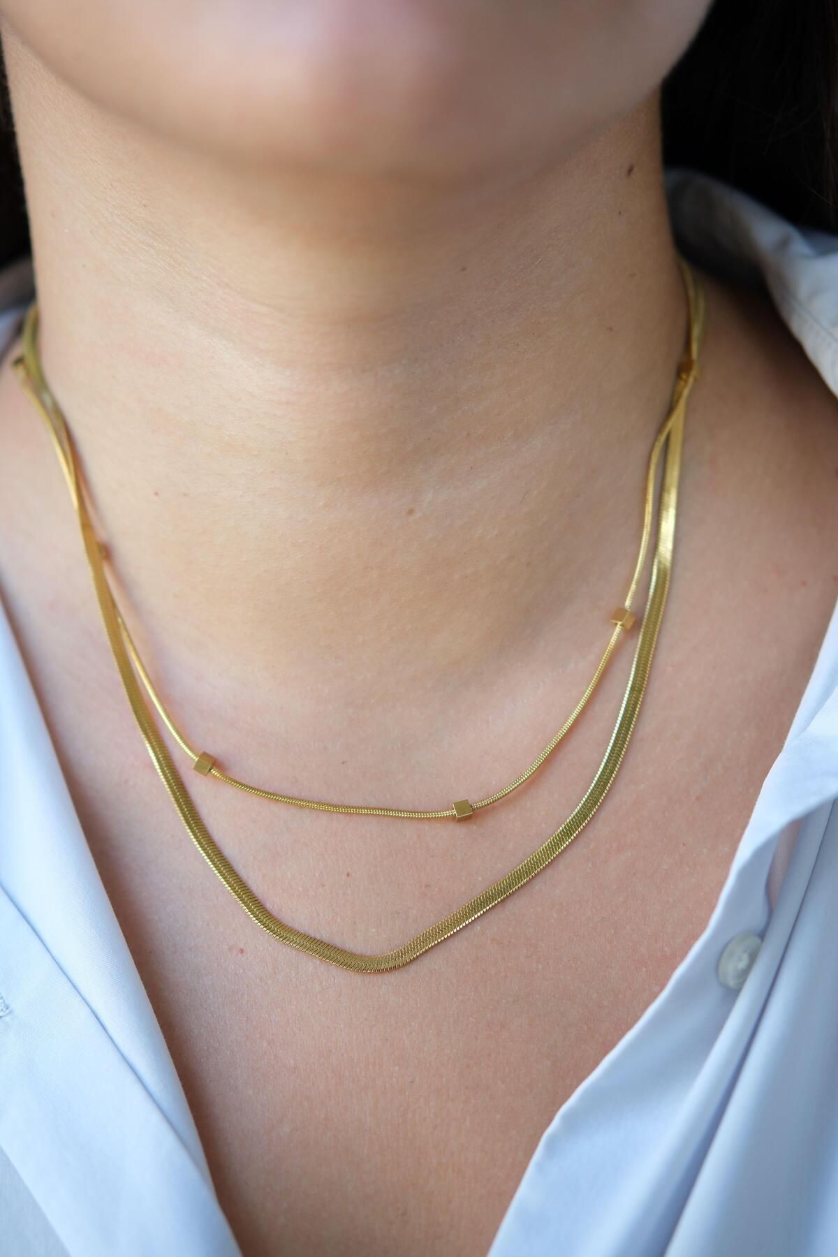 Gold Renk 316L Paslanmaz Çelik İkili Zincir Kolye - SS16