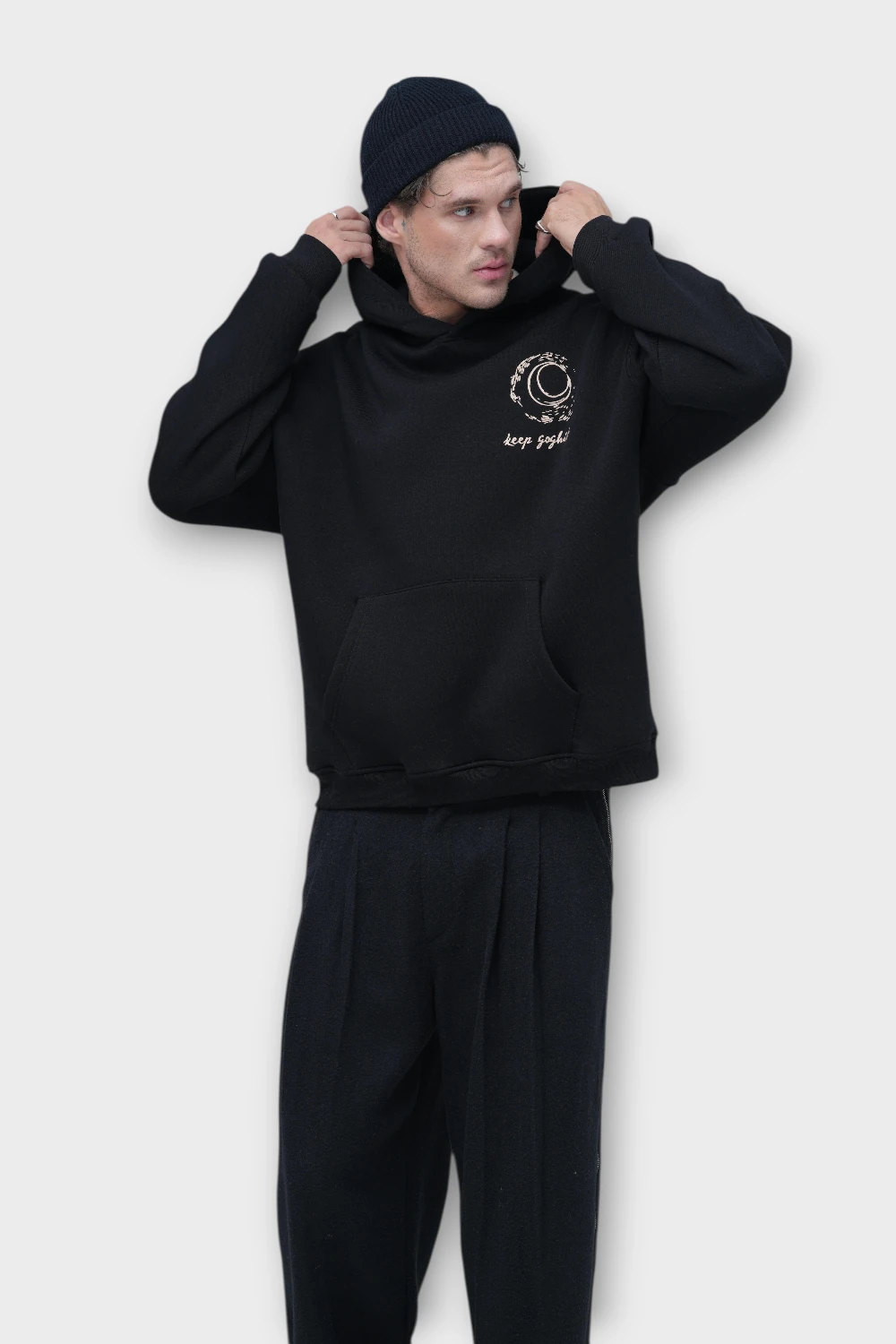 Keep Goghing Oversize Hoodie - Şardonlu %100 Pamuk - Siyah