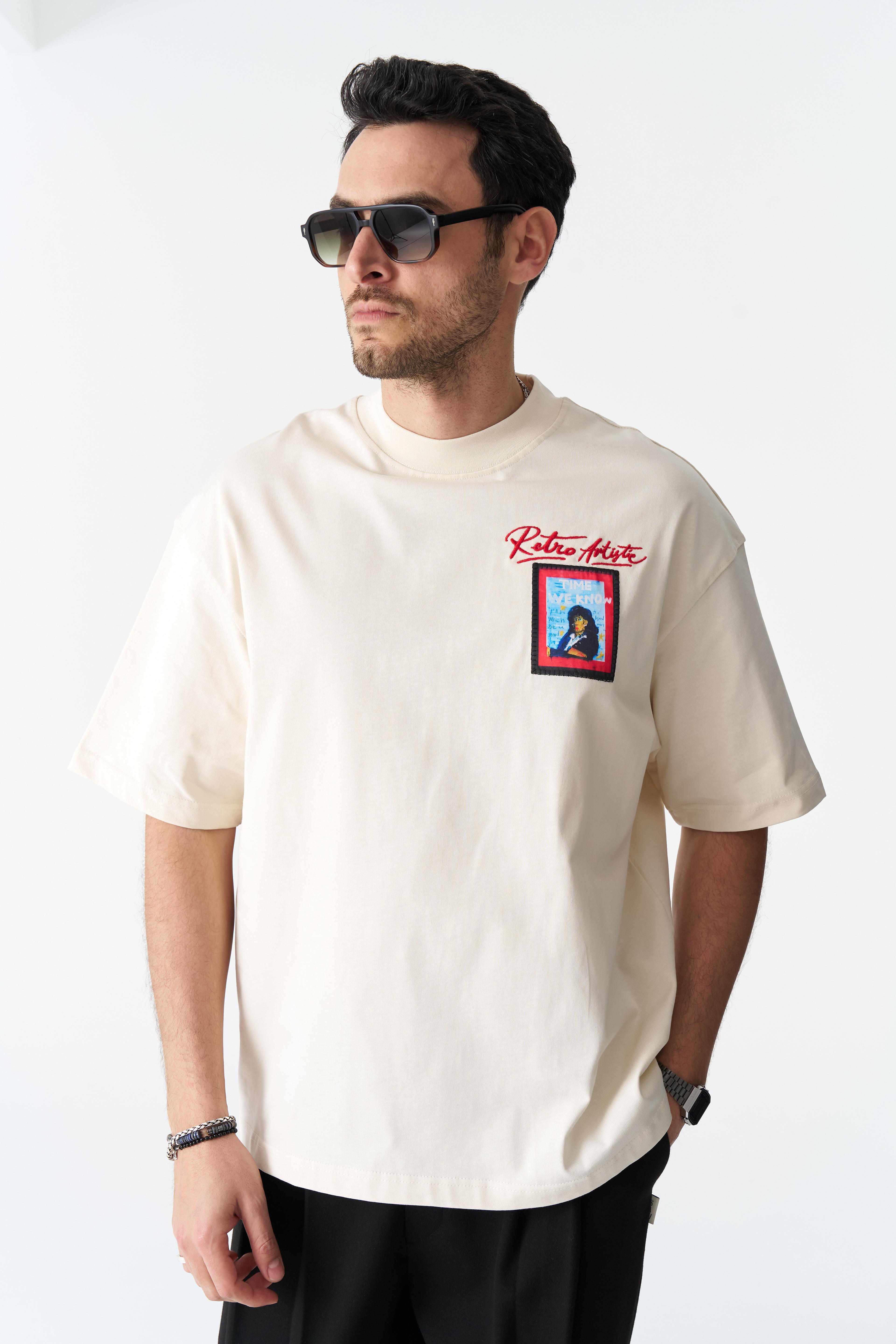 Retro Artistic Oversize %100 Pamuk T-Shirt - Taş Rengi