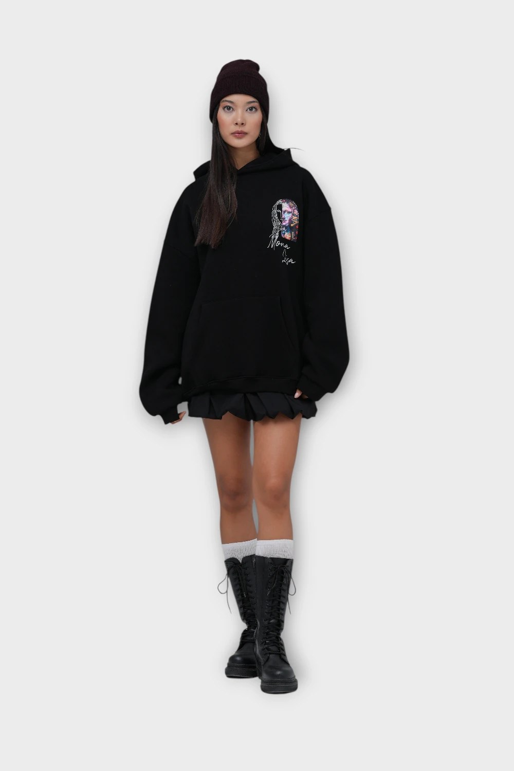 Mona Lisa Oversize Hoodie  - Şardonlu %100 Pamuk - Siyah