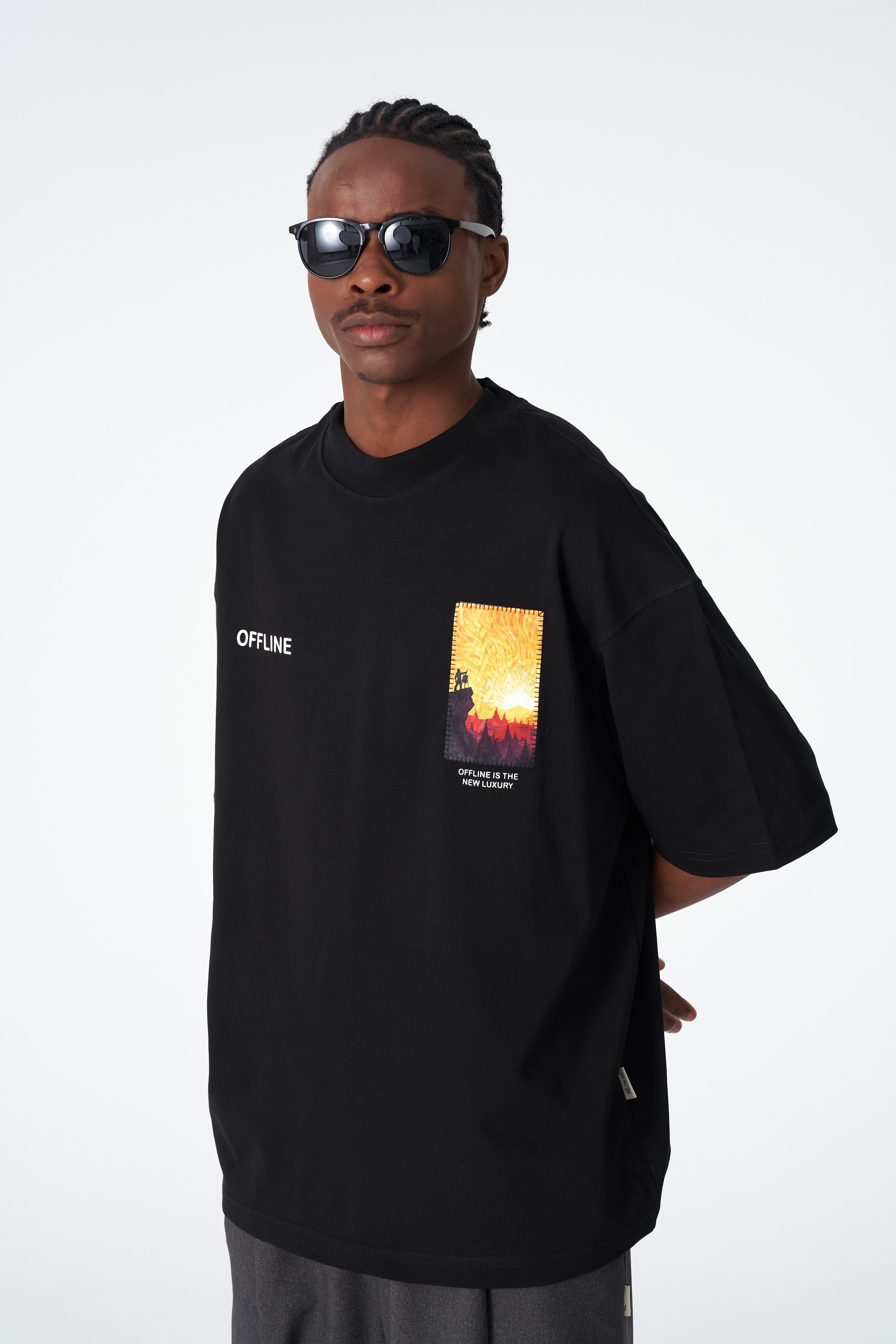 Oversize Manzara Tişört – %100 Pamuk - Siyah