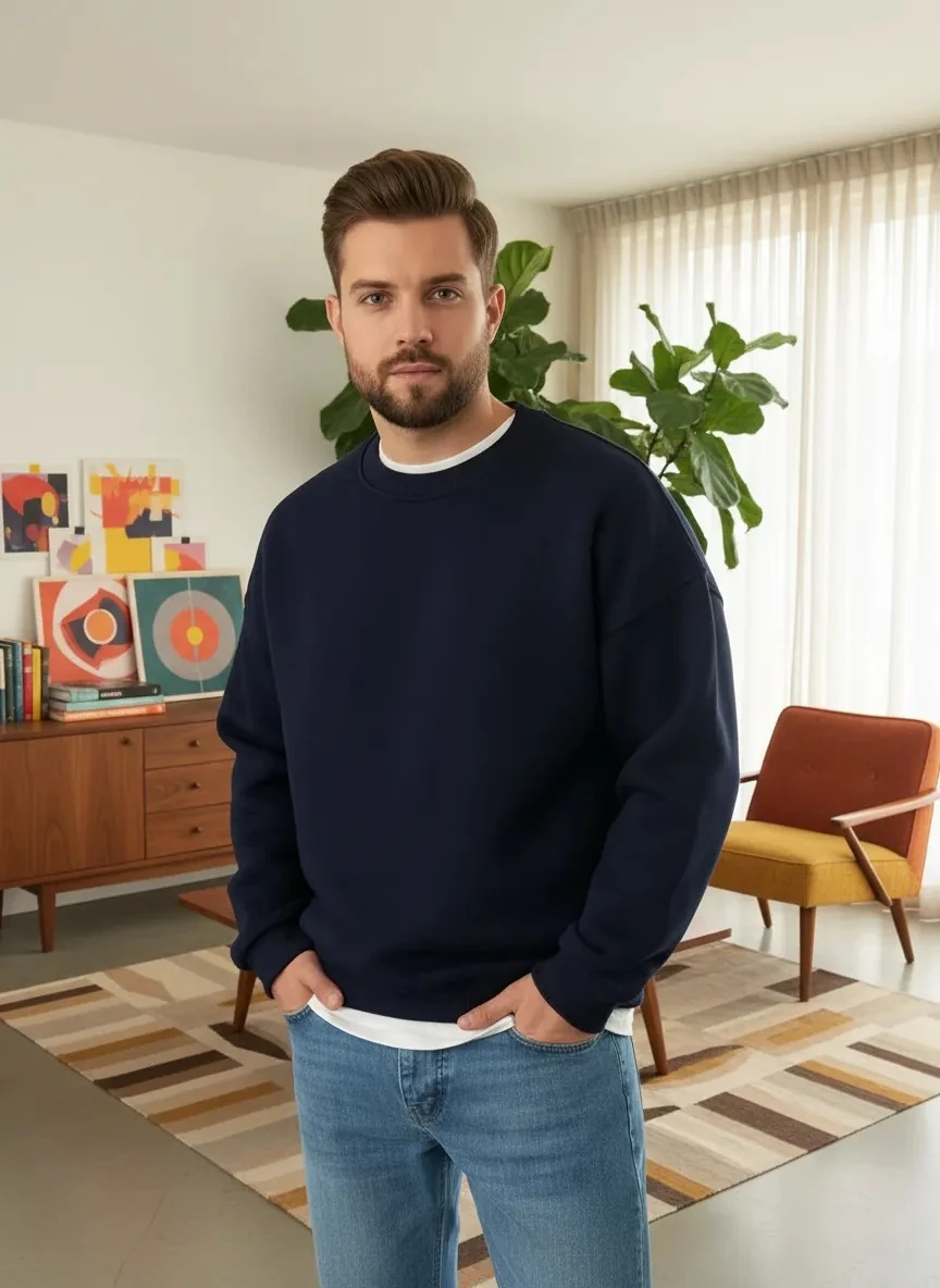 Basic Lacivert Oversize Kalın Sweatshirt - 3 İplik Şardonlu