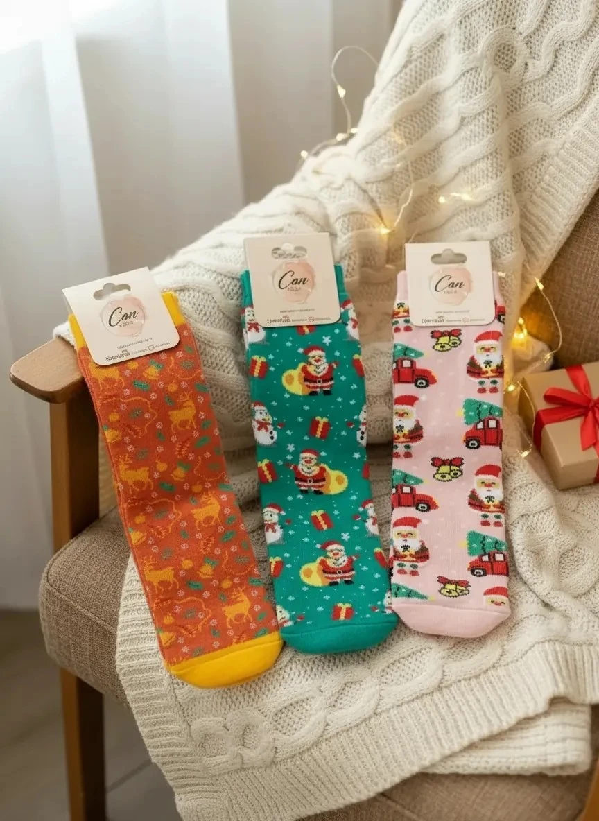 3'lü Yılbaşı Seti Havlu Çorap - Sarı Geyik (36-46 Numaraya Uygun)