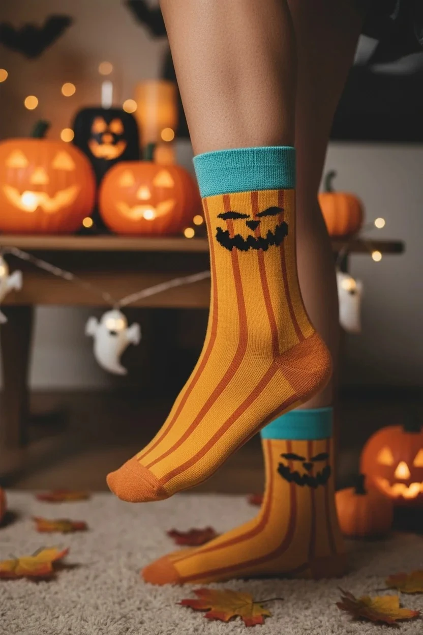 Turuncu Şeritli Balkabağı Desenli Halloween Çorap (36-44 Numaraya Uygun)