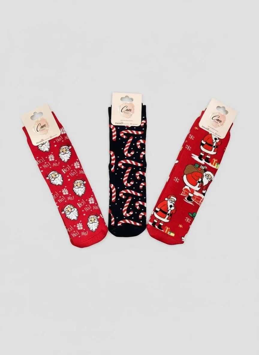 3'lü Yılbaşı Seti Kırmızı Havlu Çorap - Candy Baston Şeker (36-46 Numaraya Uygun)