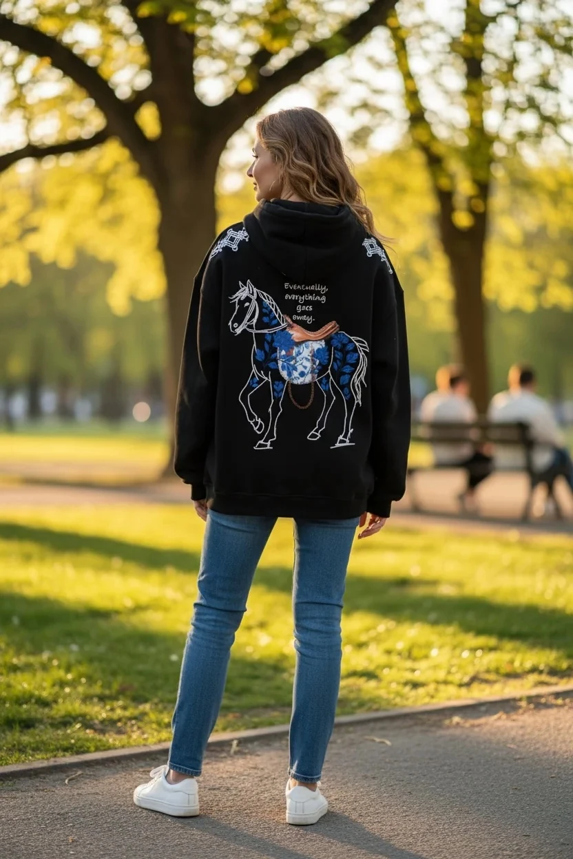 Everyting Goes Away Oversize Hoodie - Şardonlu %100 Pamuk - Siyah