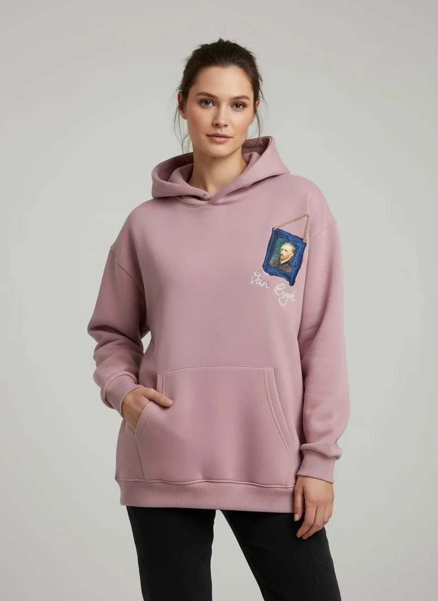 Van Gogh Peluş Tablo Desenli Oversize Hoodie  - Şardonlu %100 Pamuk - Pembe