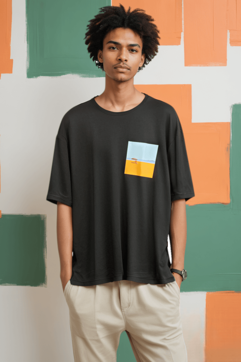 Retro Plaj Tasarımlı Oversize Tişört - Siyah