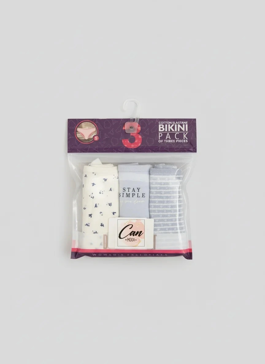 3'lü Bikini Kadın Külot - (Çiçek/Simple/Kar) %95 Pamuk %5 Elastan