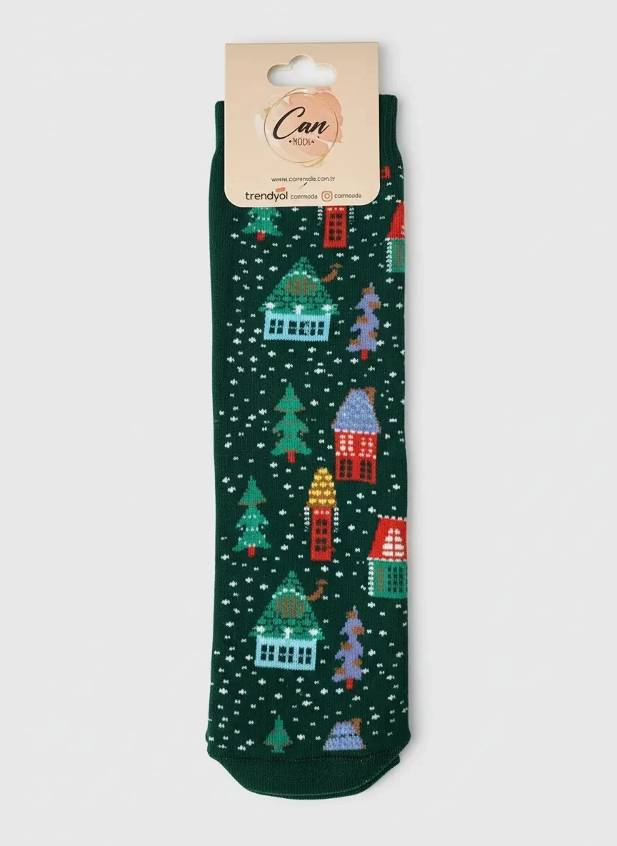 Kar Yılbaşı Ağacı ve Evler Temalı Havlu Yılbaşı Çorabı - CM157