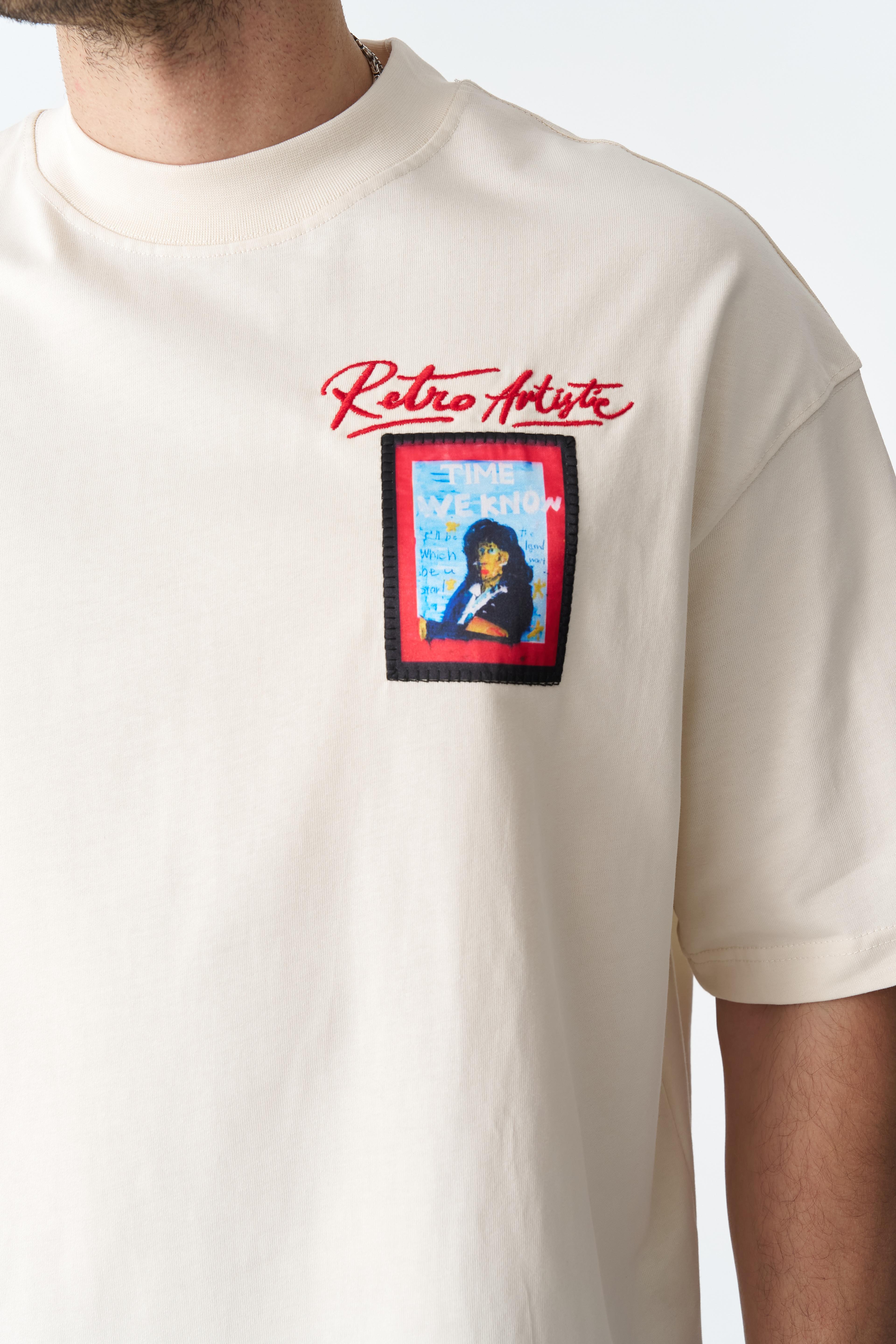 Retro Artistic Oversize %100 Pamuk T-Shirt - Taş Rengi