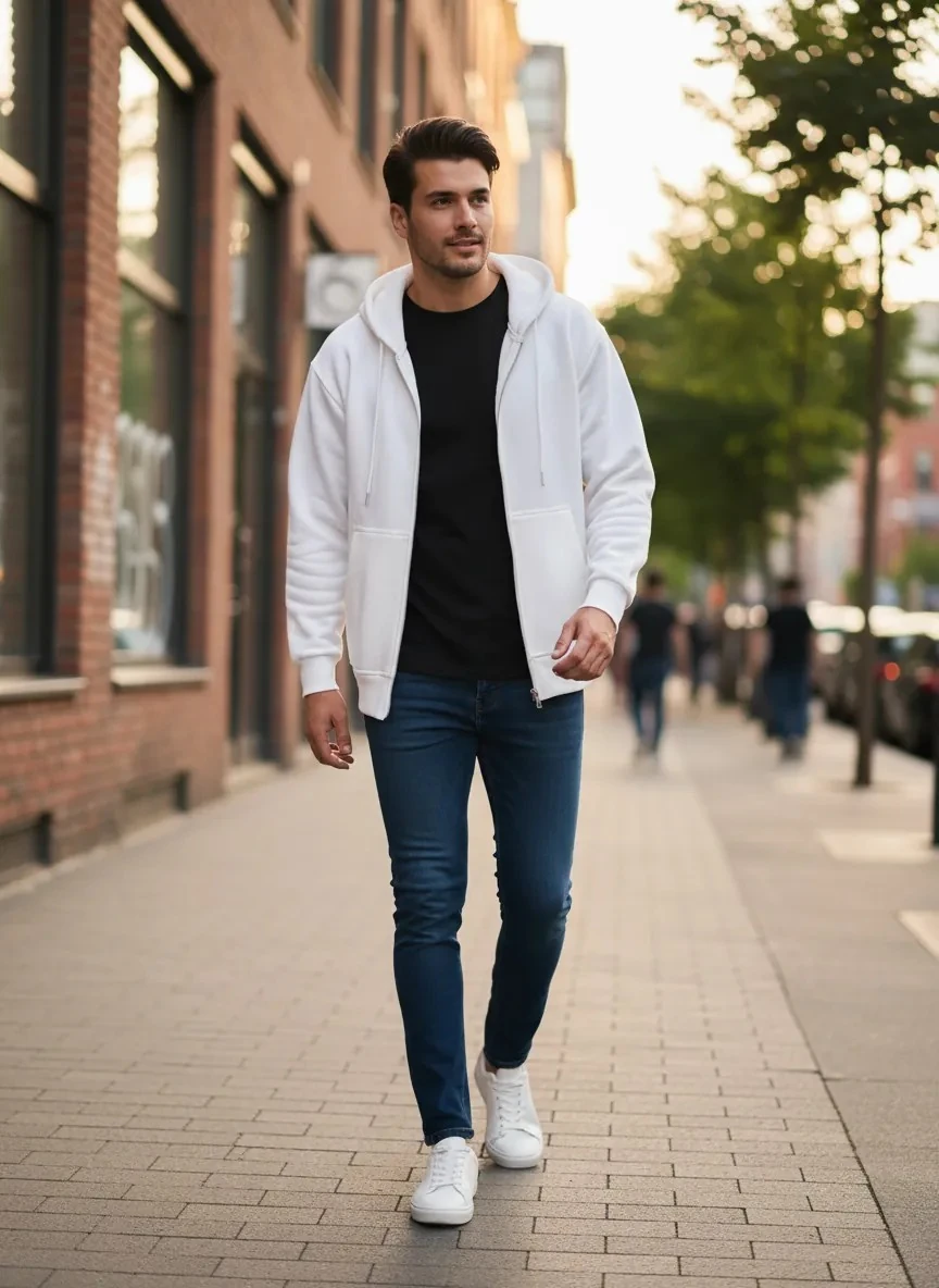 Basic Beyaz Oversize Kalın Kapüşonlu Fermuarlı Sweatshirt - 3 İplik Şardonlu