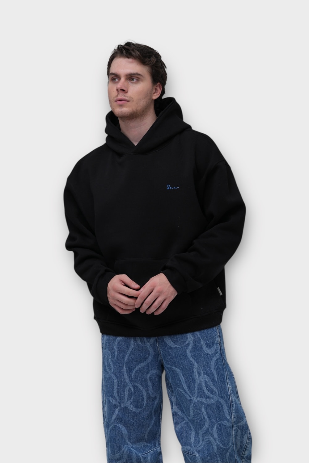Halı Motifli Oversize Hoodie - Siyah