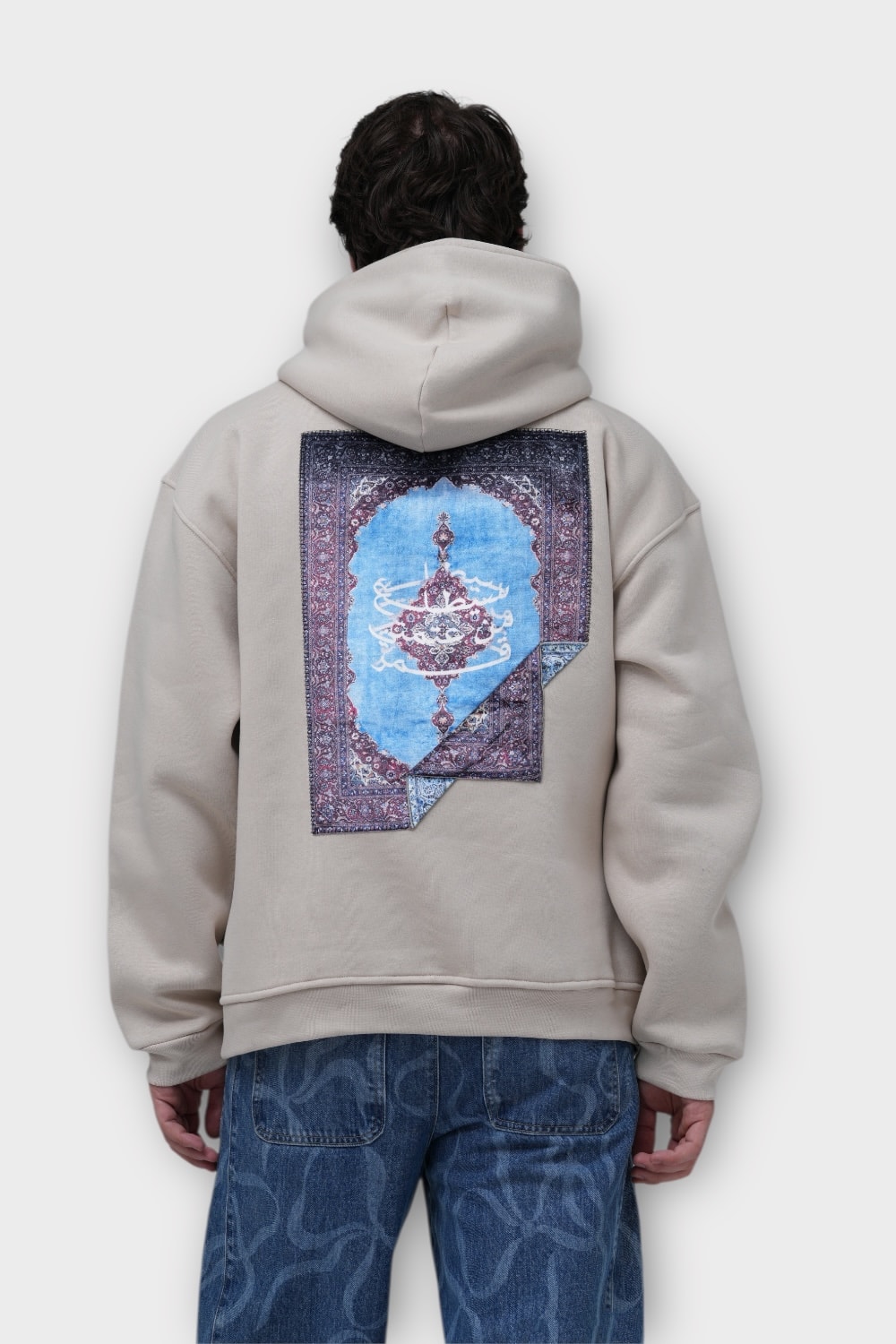 Halı Motifli Oversize Hoodie - Taş