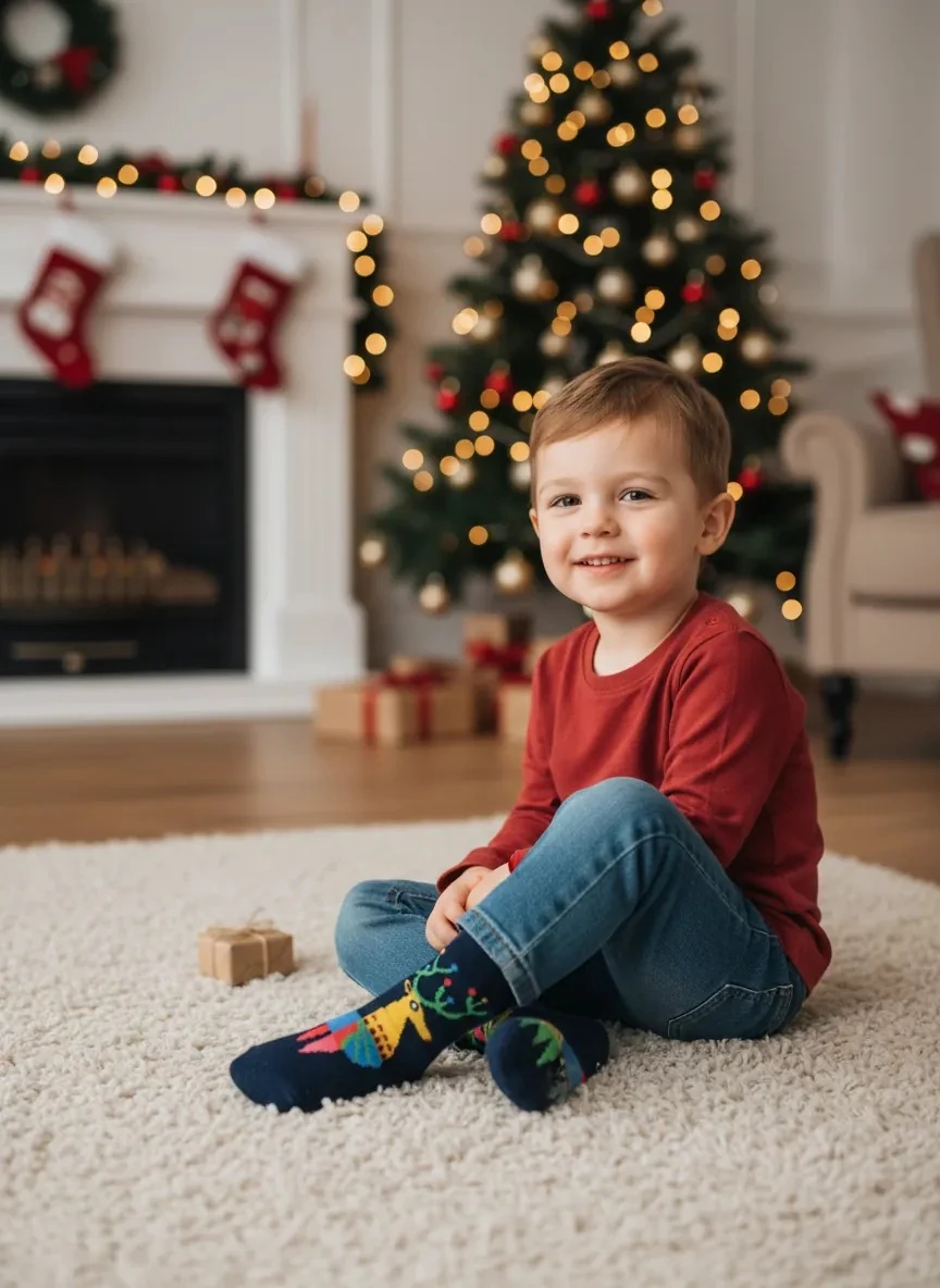 Geyik Temalı Havlu Kaydırmaz Taban Çocuk Yılbaşı Çorabı 