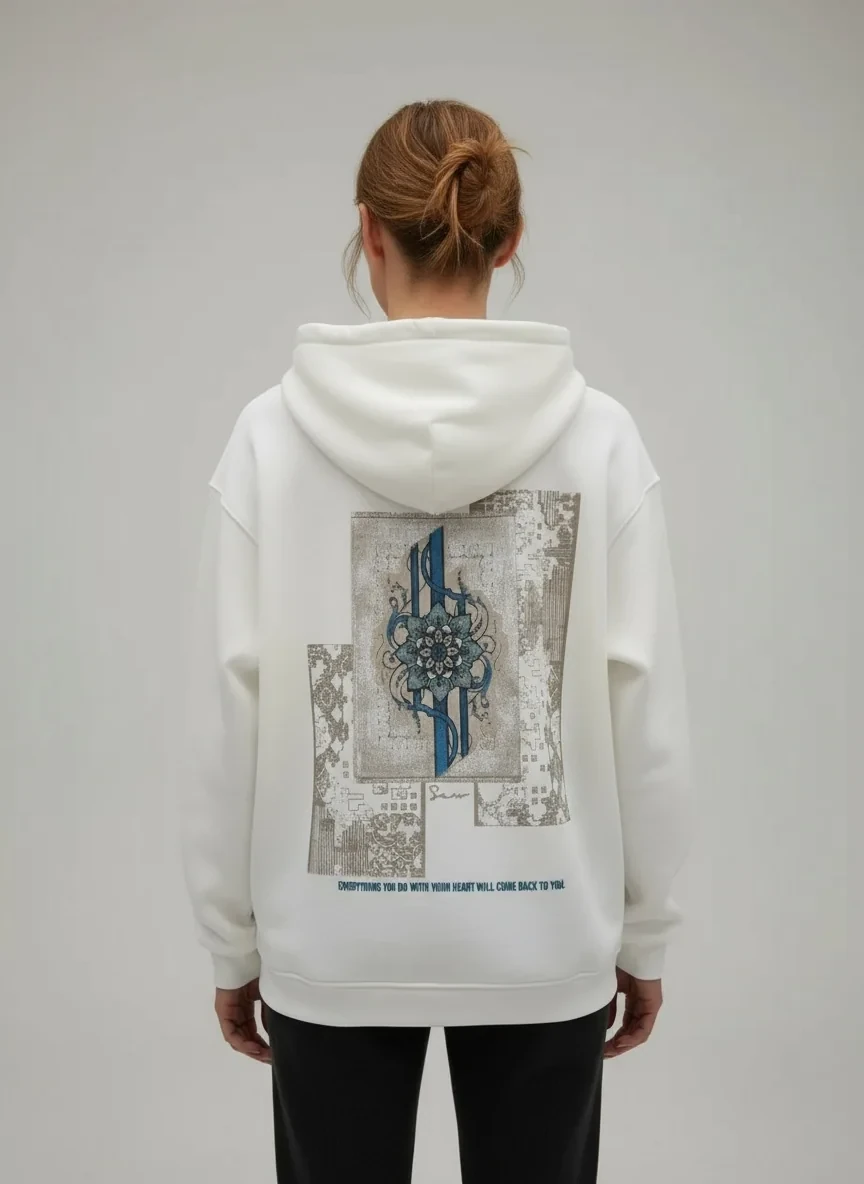 Everything You Do Oversize Hoodie  - Şardonlu %100 Pamuk - Beyaz