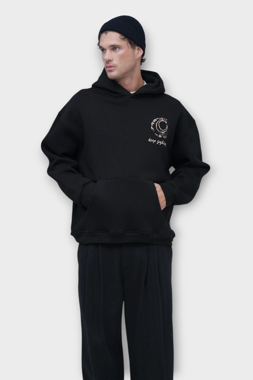Keep Goghing Oversize Hoodie - Şardonlu %100 Pamuk - Siyah