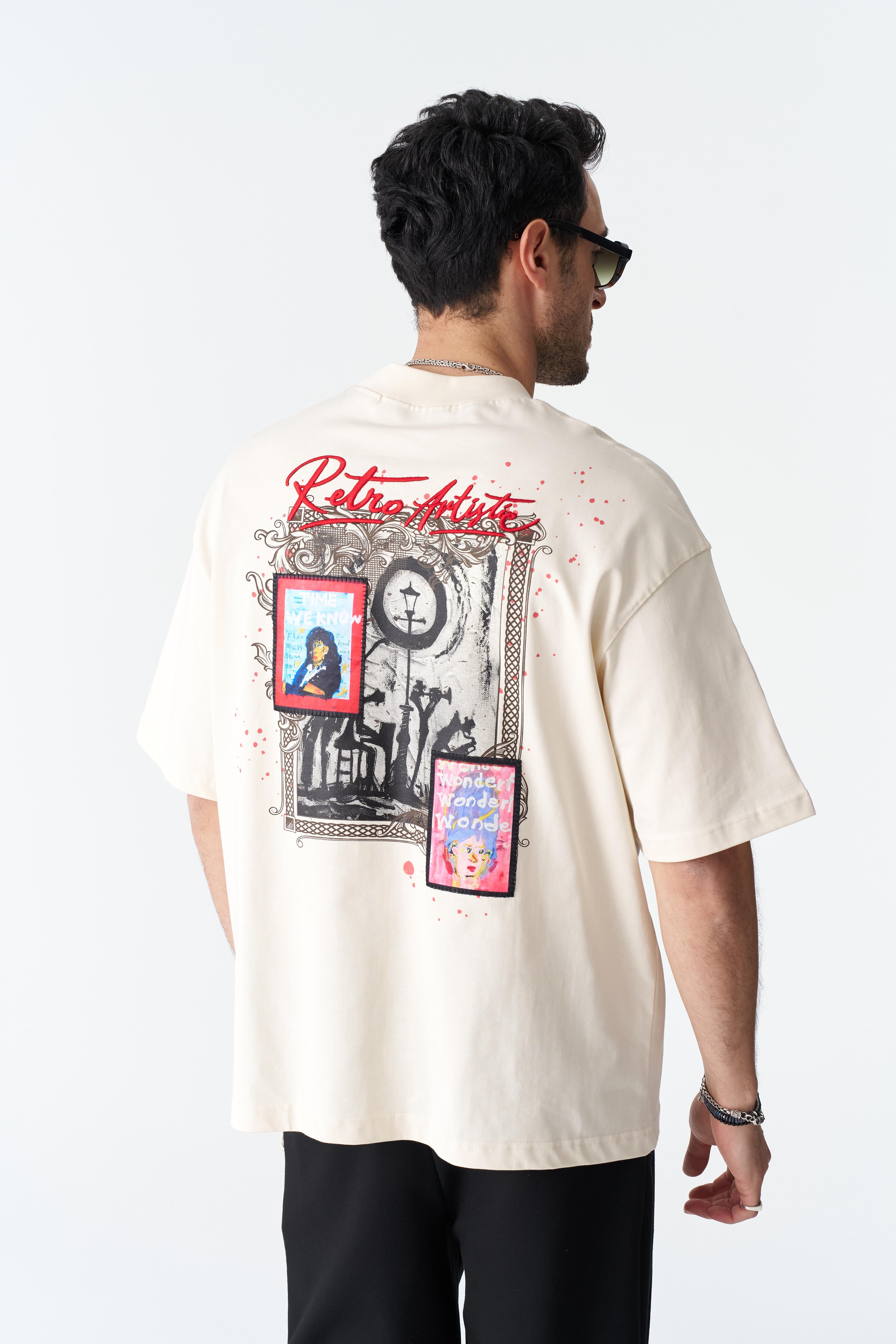 Retro Artistic Oversize %100 Pamuk T-Shirt - Taş Rengi