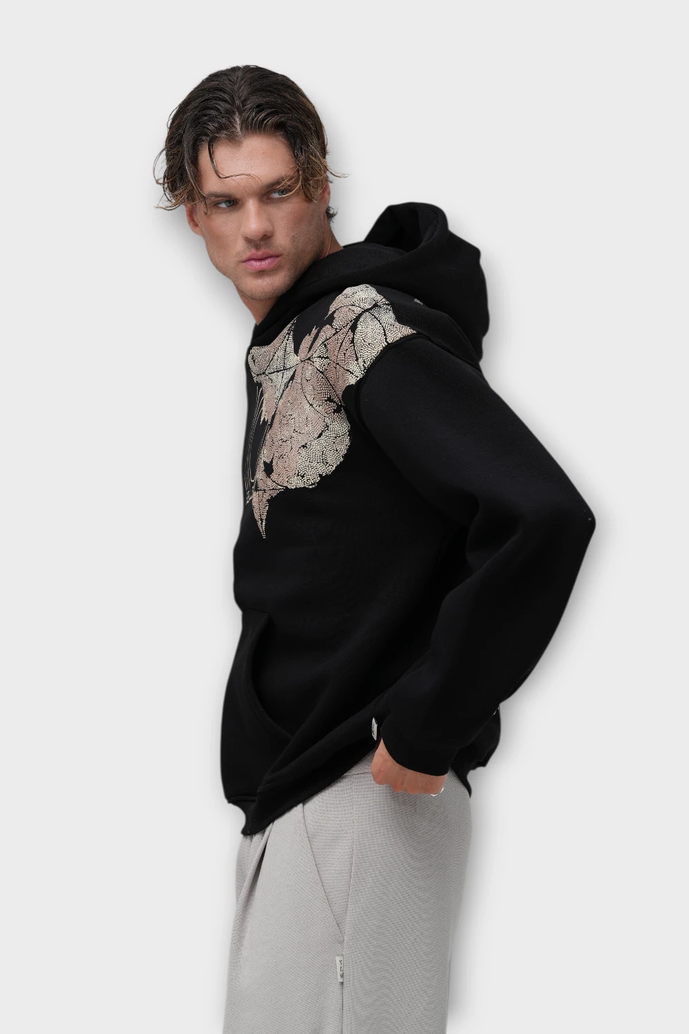 Realistic Oversize Hoodie  - Şardonlu %100 Pamuk - Siyah
