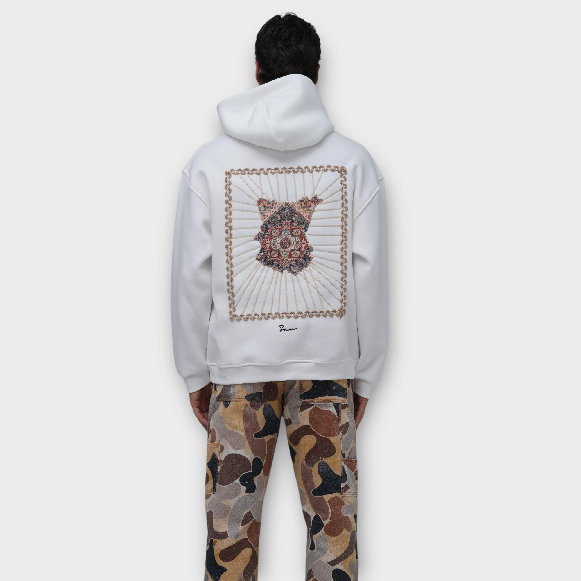 Su Yolu Otantik Nakışlı Oversize Hoodie - %100 Pamuk Şardonlu - Beyaz