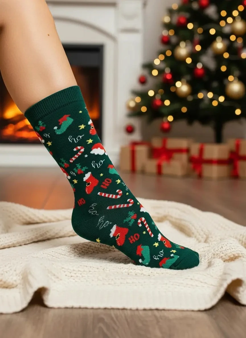 Baston Şeker Çorap ve Noel Şapkası Temalı Havlu Yeşil Yılbaşı Çorabı - CM158