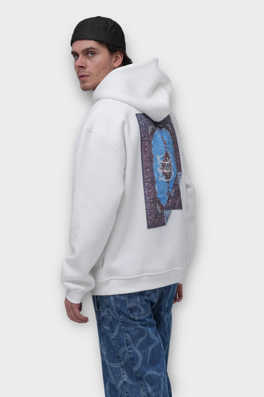 Halı Motifli Oversize Hoodie - Beyaz