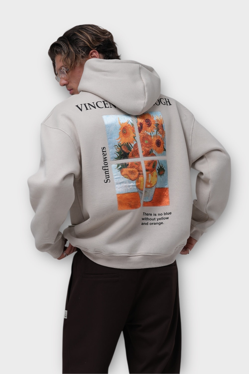 Sunflowers Oversize Hoodie  - %100 Pamuk - Taş